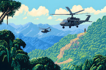 Fototapeta premium 8-bit wallpaper art of wilderness rescue mission navigating treacherous pixel-based tropical terrain 