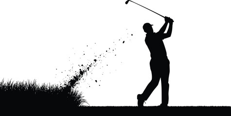 Black and white silhouette golfer taking a swing on the green in a black and white golf scene
