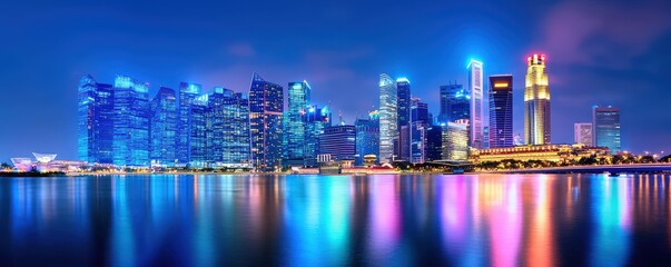 Obraz premium A stunning nighttime skyline featuring modern skyscrapers illuminated in vibrant colors, reflecting beautifully on the water's surface.