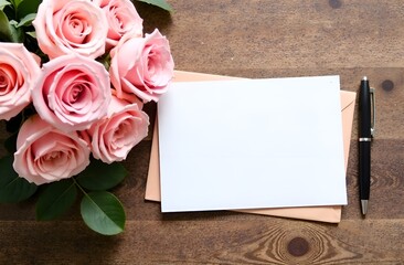 A top view where there are flowers, a pen and a sheet of paper with a sheet on which you can write something of your own.