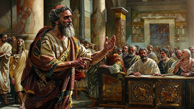 A wise man addresses a crowd in an ancient hall, sharing knowledge and insights during a passionate debate about justice and morality