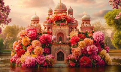 Obraz premium Flower-covered mosque at sunset reflected in water, serene landscape, ideal for backgrounds