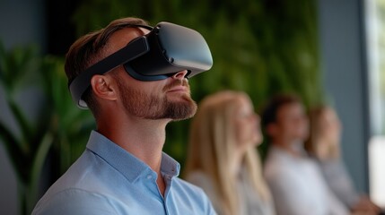 Group of professionals learning in a VR workshop, wearing headsets, immersed in virtual learning experiences