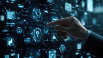 Interactive data visualization dashboard.  Hand points to a key metric on a holographic display, filled with various charts and graphs.  