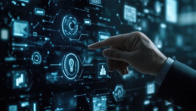 Interactive data visualization dashboard.  Hand points to a key metric on a holographic display, filled with various charts and graphs.   - Powered by Adobe