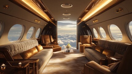 Obraz premium A private jet interior with plush velvet seats, gold accents, and a breathtaking view of the clouds