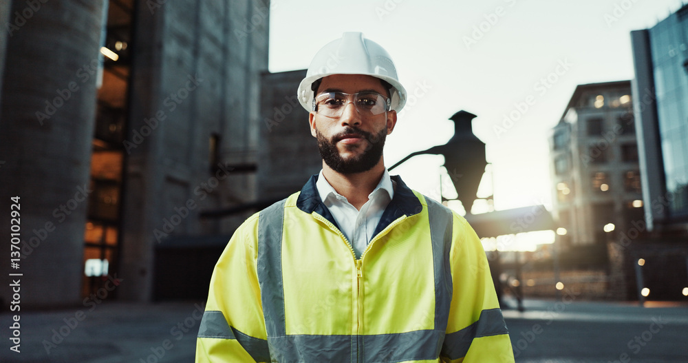 Aufkleber man, engineer and portrait in city with helmet for urban expansion, construction and building develo