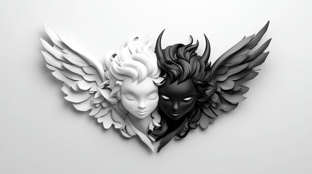 A stylized angel and devil emoji duo in an artistic monochrome style 