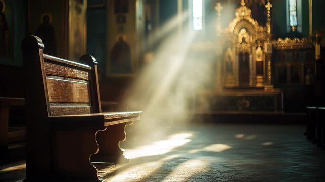 Sunlit wooden prayer kneeler in an old russian orthodox church with dust particles and iconostasis