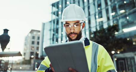 Tablet, civil engineer and man in city for construction, development and planning at dawn....