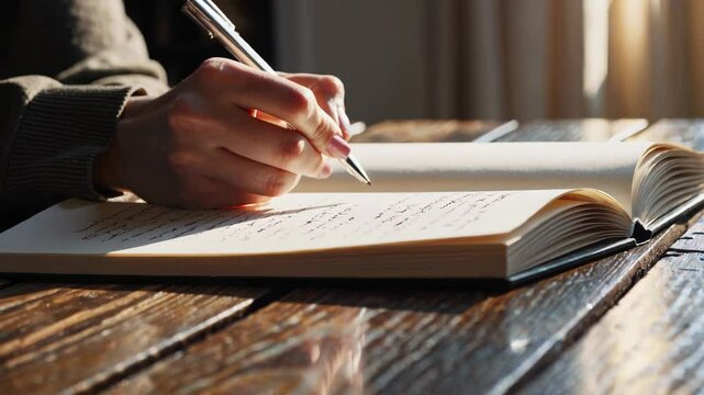 Handwriting in sunlit journal: capturing personal reflection and creative expression