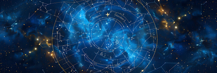 Naklejka premium Celestial Zodiac Wheel: A Journey Through the Constellations from Aries to Pisces
