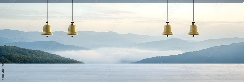 Poster tranquil scene of a still mountain lake with floating golden church bells set against a backdrop of 