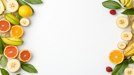 Fresh and Colorful Fruits Framed by Green Leaves on White Background