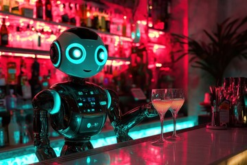 Cyberpunk-style robot bartender with glowing neon lights
