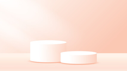 Two white cylindrical pedestals on a soft peach background. 3D rendered illustration with a minimalist aesthetic. Suitable for product display mockups, showcasing items in a clean, modern setting.
