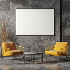 Two modern yellow chairs face each other, with a small coffee table between them, set against a weathered wall featuring a blank white canvas above the table.