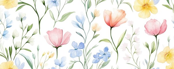 Beautiful seamless floral water color pattern Set, watercolor wild flowers, leaves and grass,Collection botanic garden elements, isolated illustration in rustic or vintage style,copy space.