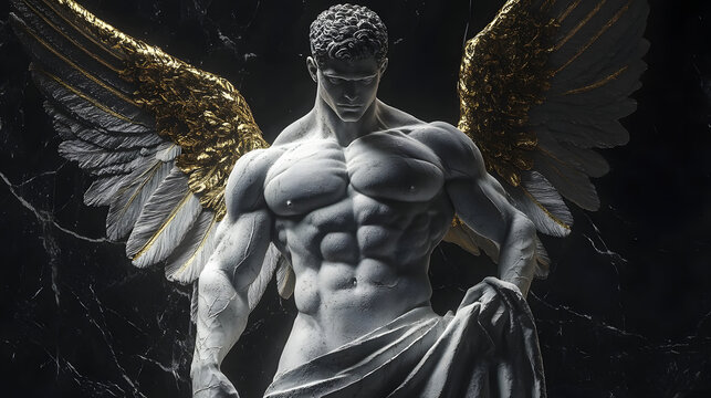 16k CGI image of a marble statue of a muscular man with angel wings in a toga The white marble has weathered cracks filled with glowing gold highlighted by dark lighting in a Greekinspired design