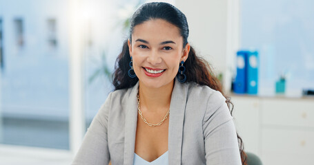 Portrait, smile and business woman receptionist or secretary in corporate office. Face, opportunity and confident professional worker for administration, employee and happy assistant in Brazil