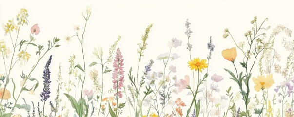 Beautiful seamless floral water color pattern Set, watercolor wild flowers, leaves and grass,Collection botanic garden elements, isolated illustration in rustic or vintage style,copy space.