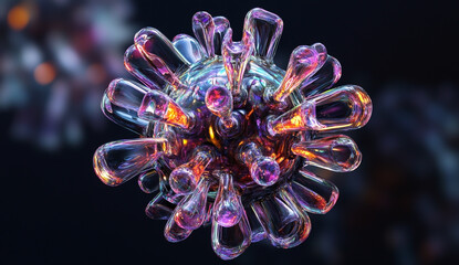 Obraz premium 3D render of a vibrant, shiny glass virus with intricate circular designs on a dark background.