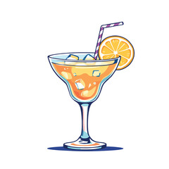 Refreshing tequila sunrise cocktail with orange slice and ice cubes in margarita glass