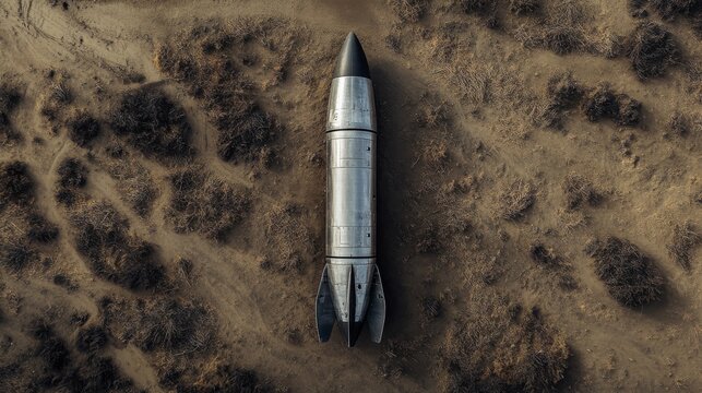 Aerial perspective of a large silver rocket resting on the ground. 