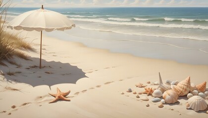 A picturesque beach scene unfolds with a harmonious blend of natural elements and subtle human touch. In the foreground