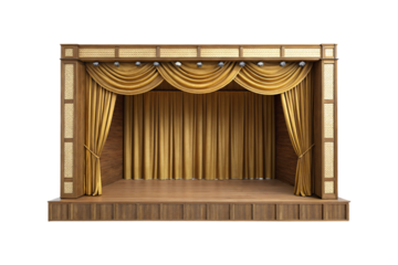 A classic theater stage with golden curtains, elegant wood paneling, and soft overhead lights. The scene is set, awaiting the next dramatic performance, isolated on a transparent background
