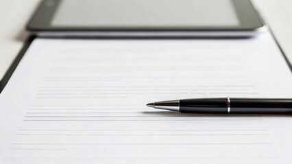 Business Document with Pen and Tablet on Clean White Table Surface for Professional Use