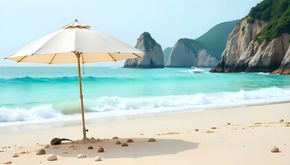 A picturesque beach scene unfolds with a harmonious blend of natural elements and subtle human touch. In the foreground