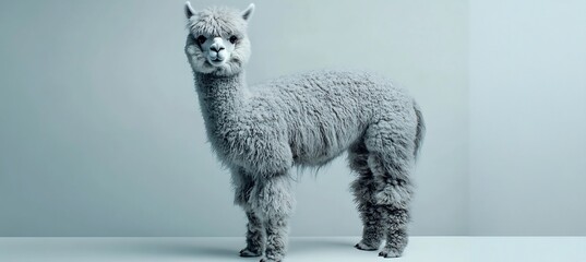  A regal alpaca with a fluffy coat, standing elegantly on a white surface. 