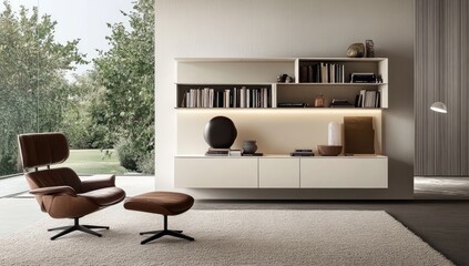 Brown Leather Armchair and Ottoman in Bright Living Room with Cream Wall Mounted Shelf Books and Greenery Outside a Window