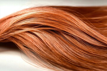 Naklejka premium Close-up of shiny, vibrant auburn hair displaying texture and color variation, symbolizing beauty, health, and natural radiance in a studio environment with clean, crisp lighting.