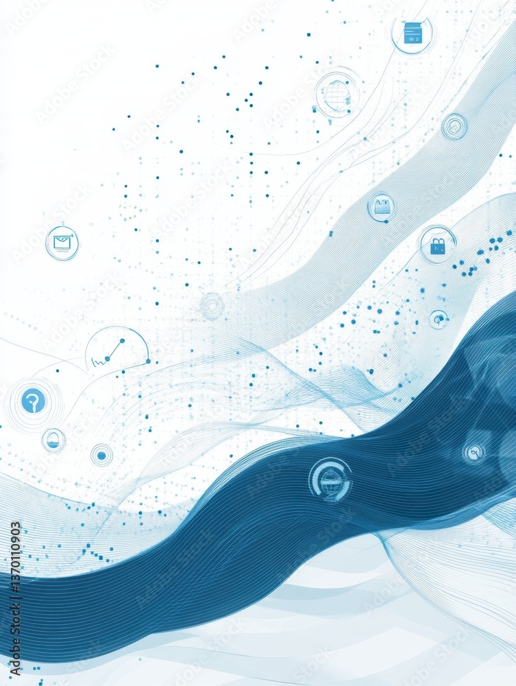 Poster Modern digital background featuring waves and transaction icons in a sleek blue and white color scheme