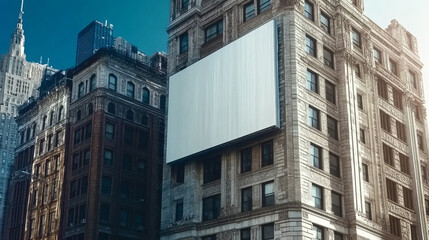 Fototapeta premium Urban building with blank billboard against bright blue sky