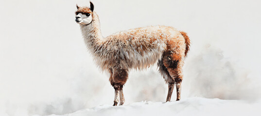  A regal alpaca with a fluffy coat, standing elegantly on a white surface. 