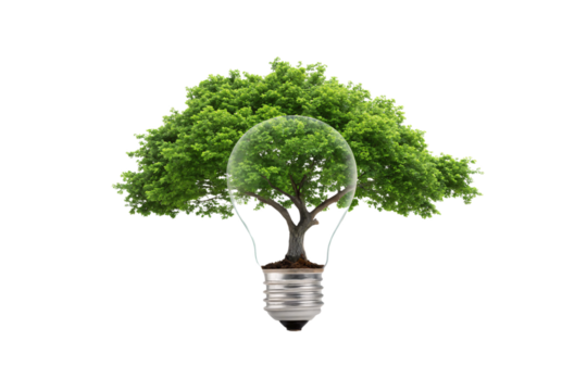 A vibrant green tree fits perfectly inside a light bulb's glass form, representing clean energy and environmental awareness with a bold, creative concept, isolated on a transparent background