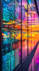 Fototapeta premium Background with bright servers illuminated by multicolored lights, creating an atmosphere of high technology and data, for IT projects, presentations about data centers,