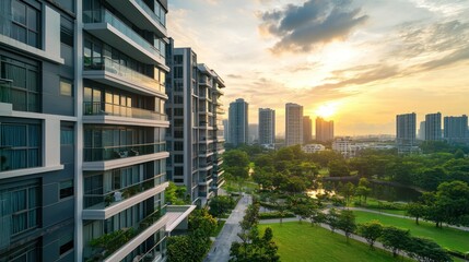 A modern urban building with innovative architecture, blending traditional and contemporary elements, and surrounded by green spaces.