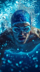 Fototapeta premium Swimmer in headgear and goggles underwater surrounded by air bubbles. Ideal for sports blogs, swimming pool ads, fitness themes.