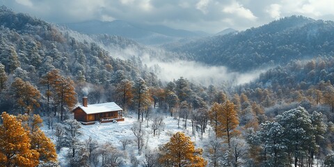  A remote mountain cabin surrounded by tall pines, with a light snowfall gently dusting the landscape, and smoke rising from the chimney. 