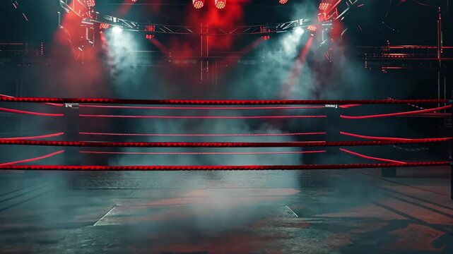 A professional boxing ring illuminated by dramatic red lights with a smoky atmosphere ready for an intense match at night