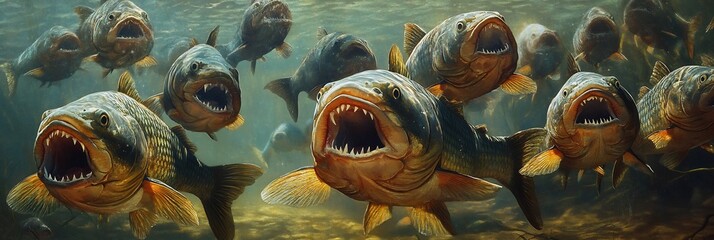  A school of piranhas swimming through the murky waters of the Amazon river, their sharp teeth gleaming as they move through the current. 
