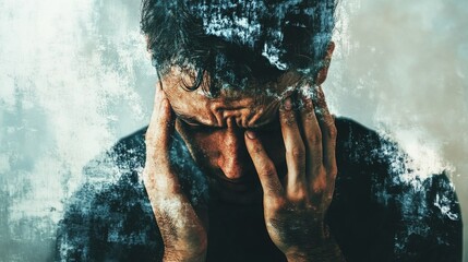 Man with hands closed face, expression of stress or fatigue, emotional state. Suitable for articles about mental health, stress, emotional support.