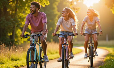 Obraz premium Group Enjoying Leisure Cycling on Forest Path at Sunset, Outdoor Lifestyle