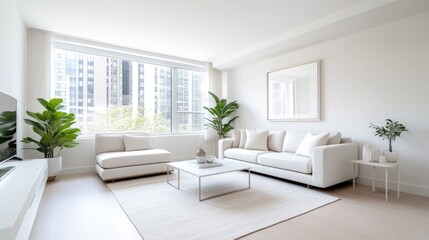 Modern, bright, and minimalist living room with city views