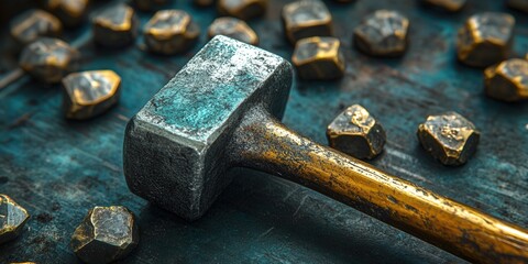 Close-up of a hammer and metallic nuggets on a textured surface.