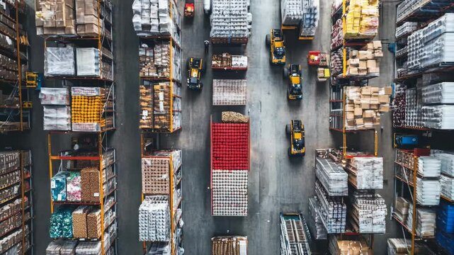 An overhead shot of a busy warehouse filled with organized shelves, forklifts in motion, and a central truck being loaded with goods. The image captures the efficiency and complexity of modern supply 